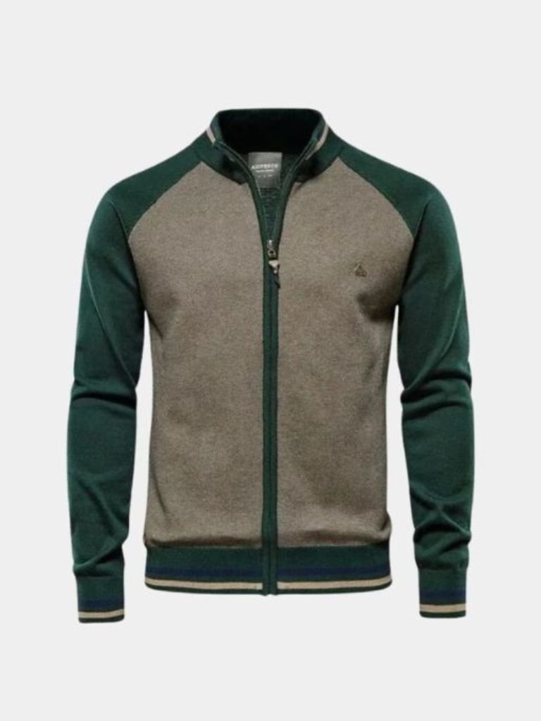 Zipper Color Block Standing Collar Cardigan Sweater - Iron & Oak