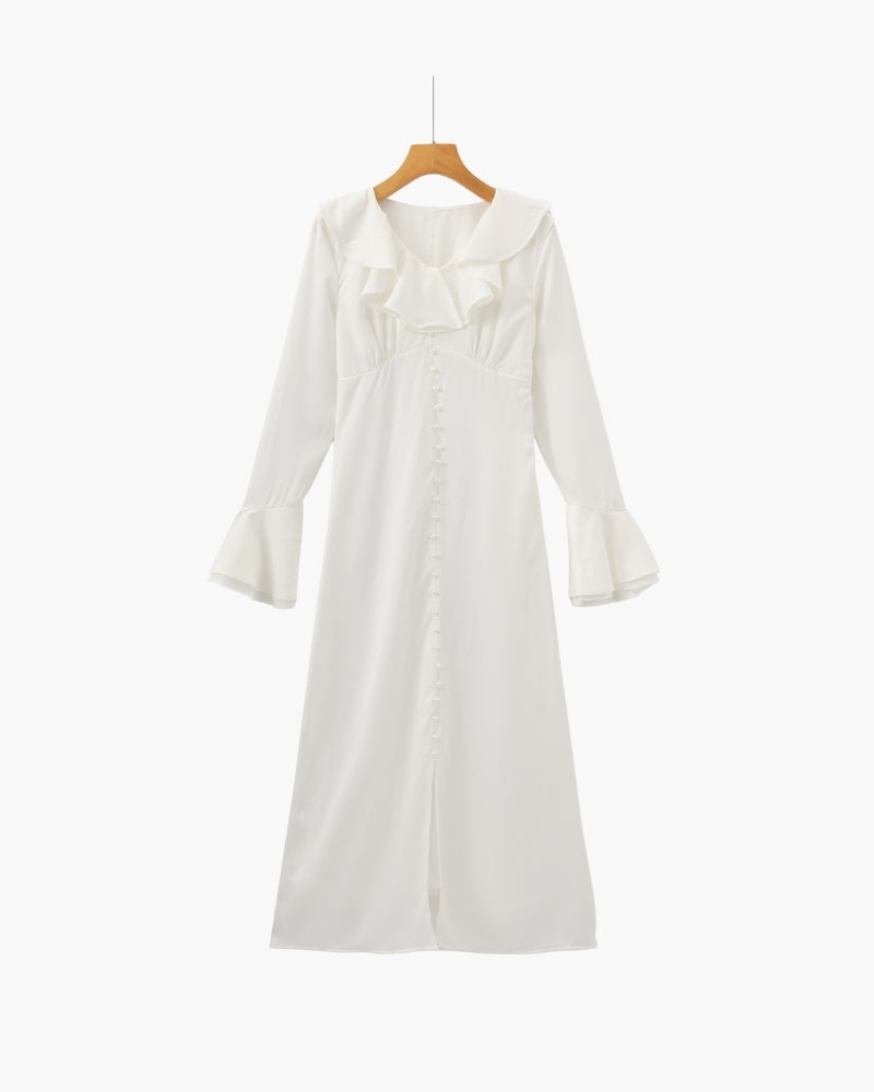 Pearl Button Ruffle Midi Dress - Iron & Oak