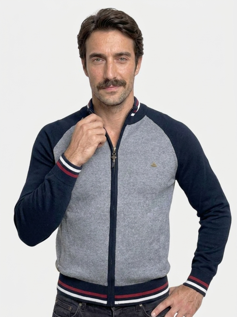 Zipper Color Block Standing Collar Cardigan Sweater - Iron & Oak