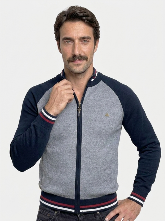 Zipper Color Block Standing Collar Cardigan Sweater - Iron & Oak