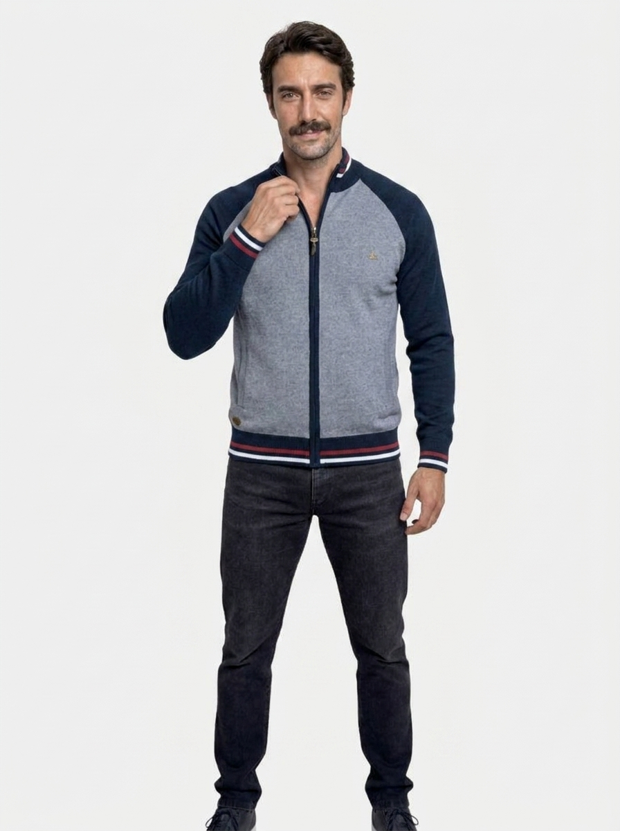 Zipper Color Block Standing Collar Cardigan Sweater - Iron & Oak