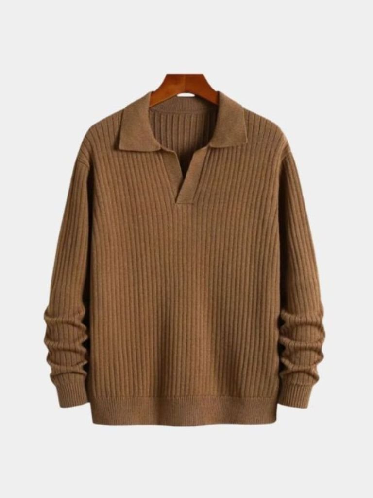 V-Neck Polo Pullover Ribbed - Iron & Oak