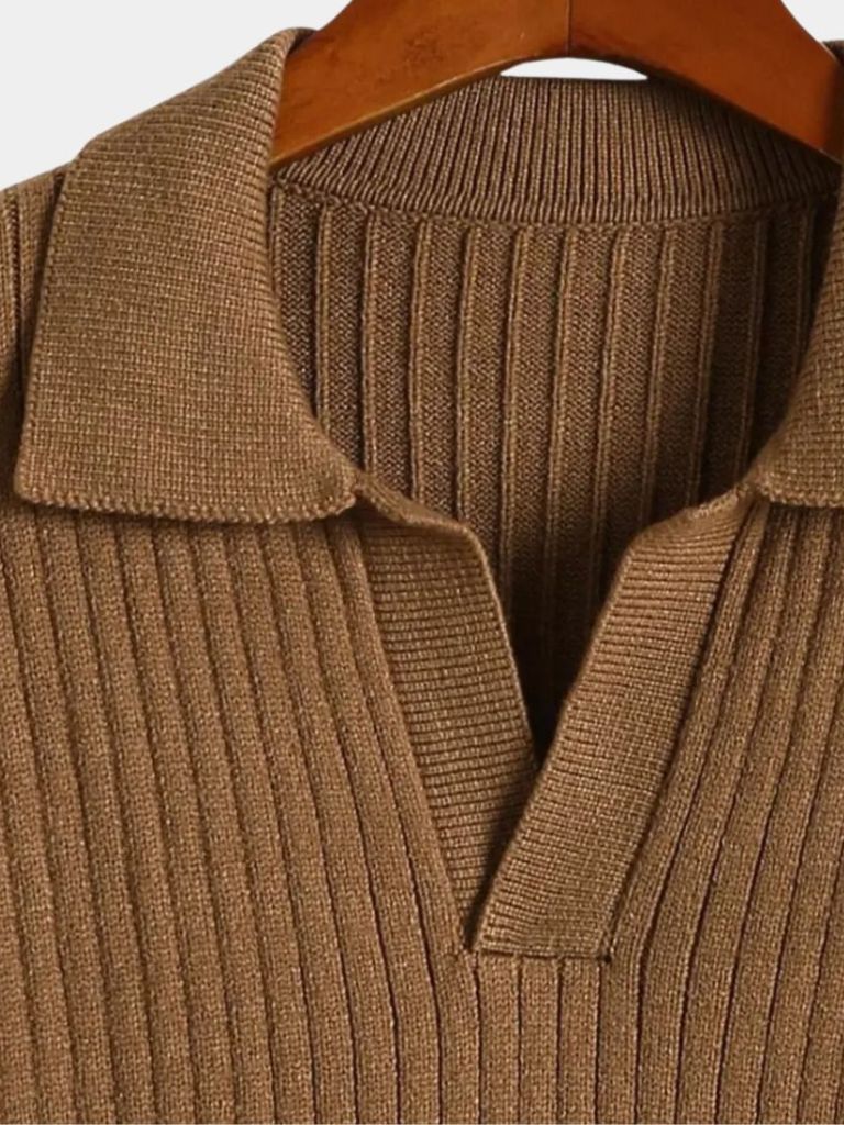 V-Neck Polo Pullover Ribbed - Iron & Oak