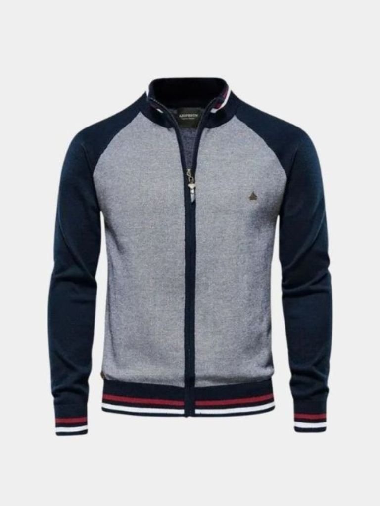 Zipper Color Block Standing Collar Cardigan Sweater - Iron & Oak